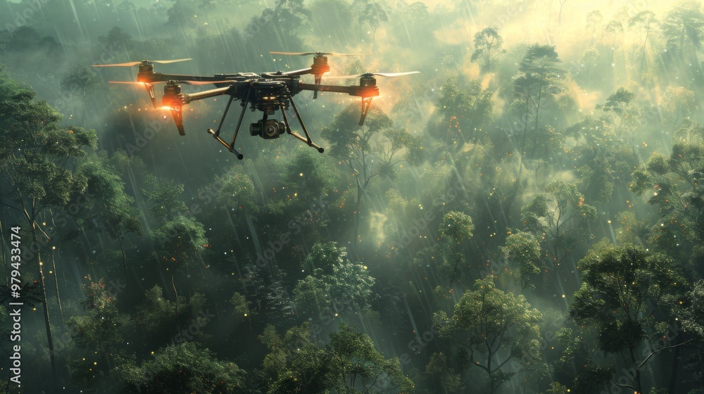 Naklejka premium Paint a scene of a drone assisting in search and rescue operations, using thermal imaging and advanced sensors to locate
