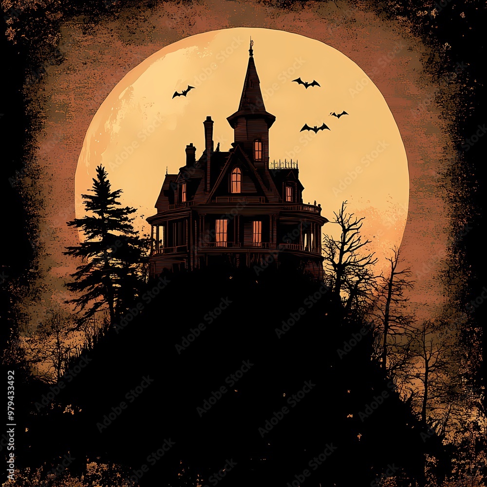 Enchanting Halloween Night: Spooky Haunted Mansion on Hilltop with Full Moon, Silhouetted Bats, and Gnarled Trees Enchanting Halloween Night: Spooky Haunted Mansion on Hilltop with Full Moon, Silhouetted Bats, and Gnarled Trees