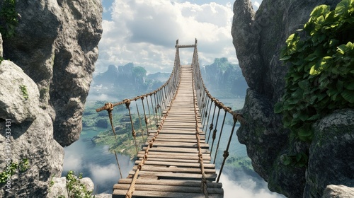 3D-rendered rope bridge suspended between two towering rocks, its wooden planks swaying in the wind over a vast expanse of nature photo