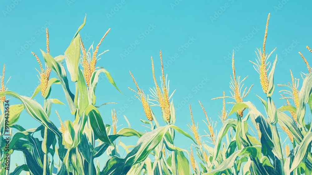 Fototapeta premium Detailed view of a cornfield with tall stalks and ripe corn ears, under a bright blue sky