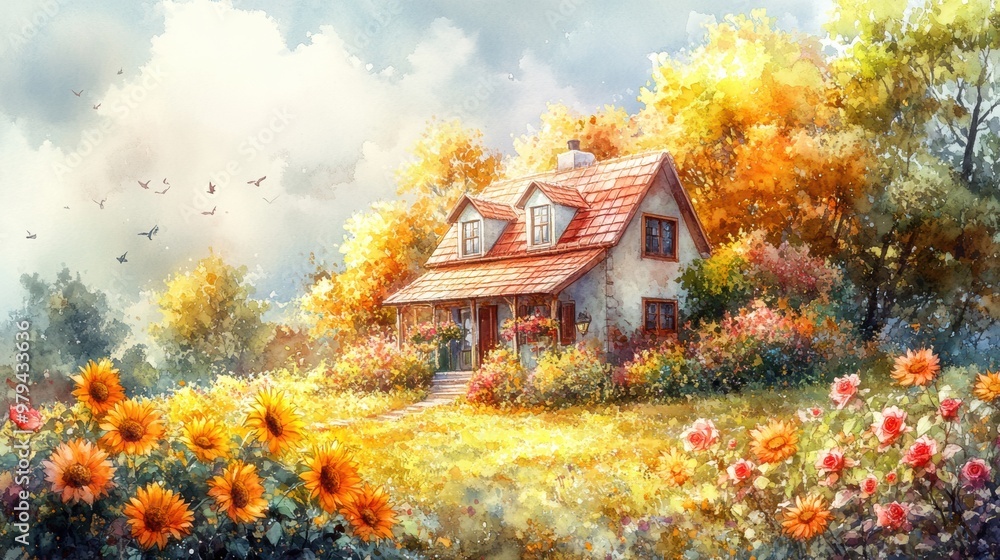 A serene autumn landscape featuring a charming house surrounded by vibrant flowers and golden foliage under a soft sky. A serene autumn landscape featuring a charming house surrounded by vibrant flowers and golden foliage under a soft sky.