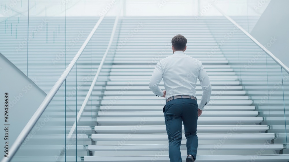 A man in a white shirt and jeans ascends a modern stairway in a bright, minimalist space. A man in a white shirt and jeans ascends a modern stairway in a bright, minimalist space.