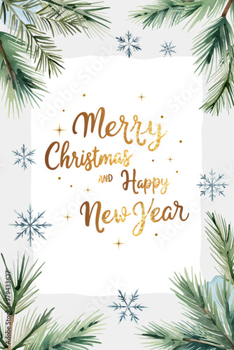 Watercolor frame with fir branches, snowflakes and golden lettering. Christmas card. Winter New year poster