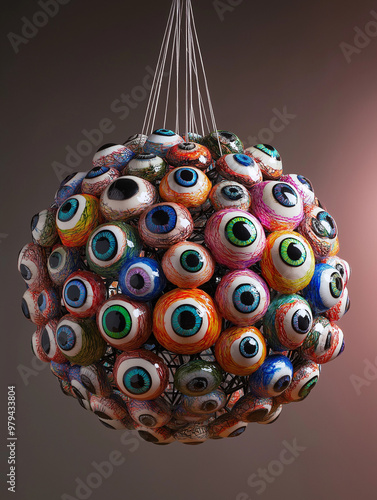 Cluster of cartoon eyeballs with varying colors and expressions floating in abstract space. Detailed close-up of funny, quirky character eyes, perfect for playful designs, animation concepts