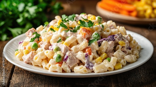 A white plate of homemade macaroni salad with tuna, elbow pasta, carrot, purple cabbage, corn, tomatoes, and peas, mixed with creamy mayonnaise, set on a rustic wooden table.