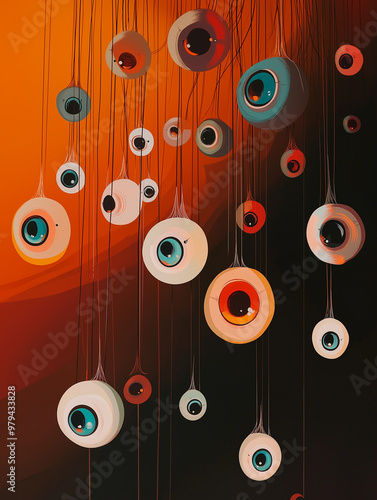 Cluster of cartoon eyeballs with varying colors and expressions floating in abstract space. Detailed close-up of funny, quirky character eyes, perfect for playful designs, animation concepts