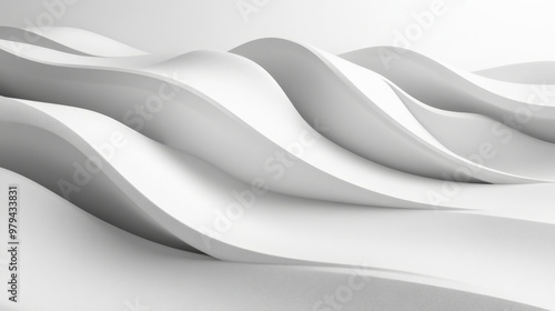 A minimalist 3D wave design in grayscale, with soft, undulating curves casting shadows and creating a subtle yet dynamic abstract composition on a clean white backdrop. photo