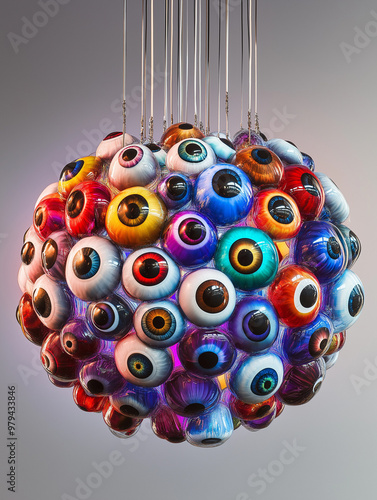 Cluster of cartoon eyeballs with varying colors and expressions floating in abstract space. Detailed close-up of funny, quirky character eyes, perfect for playful designs, animation concepts