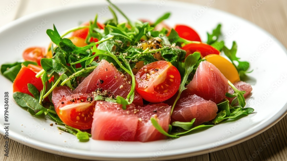 A white plate of raw tuna and mixed vegetable salad, featuring bright greens, cherry tomatoes, and herbs, showcasing a healthy and fresh meal. A white plate of raw tuna and mixed vegetable salad, featuring bright greens, cherry tomatoes, and herbs, showcasing a healthy and fresh meal.