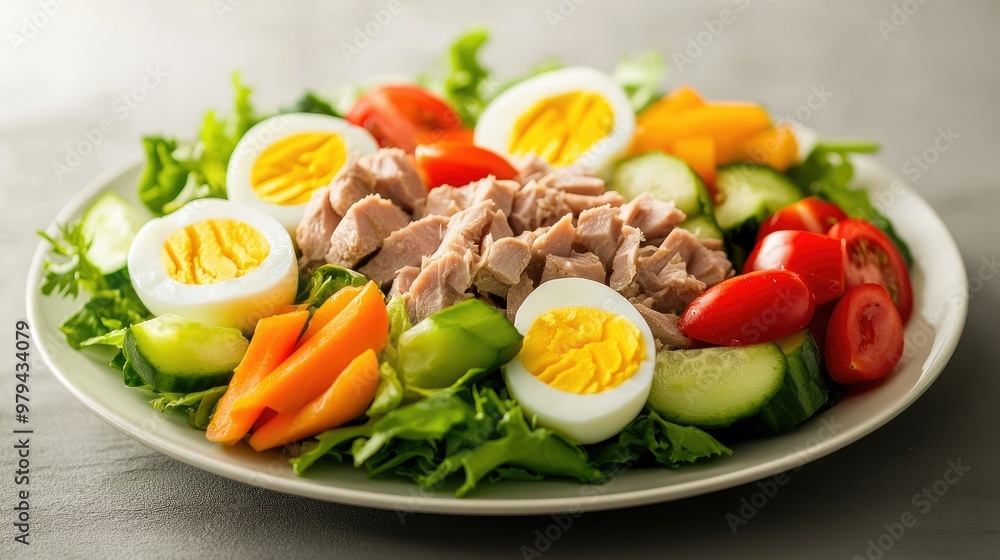 A wholesome salad featuring fresh tuna, boiled eggs, and a medley of vibrant vegetables, drizzled with a healthy dressing and served on a clean white plate. A wholesome salad featuring fresh tuna, boiled eggs, and a medley of vibrant vegetables, drizzled with a healthy dressing and served on a clean white plate.