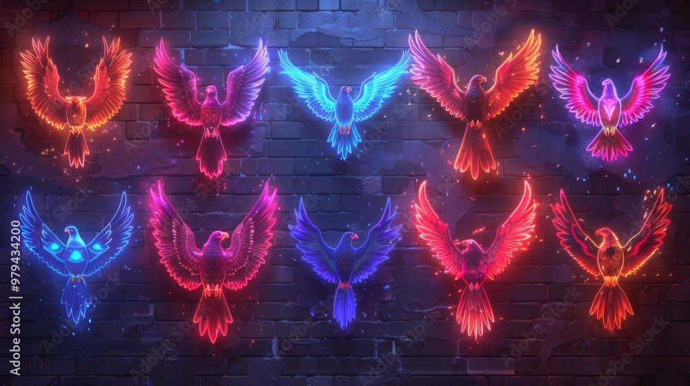 Fototapeta premium Produce a neon set of bird of prey symbols, including