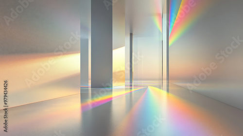 A minimalist design with sharp, angular prisms refracting light into soft rainbow hues, casting colorful gradients on a smooth, silver background.