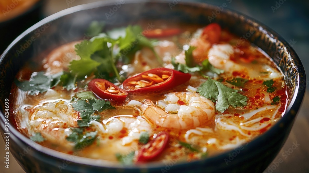 Detailed view of a hot bowl of Tom Yum Goong with vibrant red chili slices and fresh cilantro, served in a traditional Thai bowl Detailed view of a hot bowl of Tom Yum Goong with vibrant red chili slices and fresh cilantro, served in a traditional Thai bowl