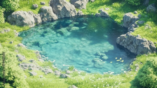 A 3D isometric lake scene with crystal-clear water, surrounded by a lush, grassy landscape.