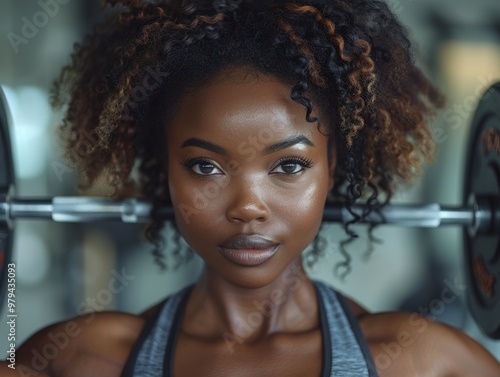 Confident woman lifting weights in the gym, focusing on strength and fitness during workout session. photo