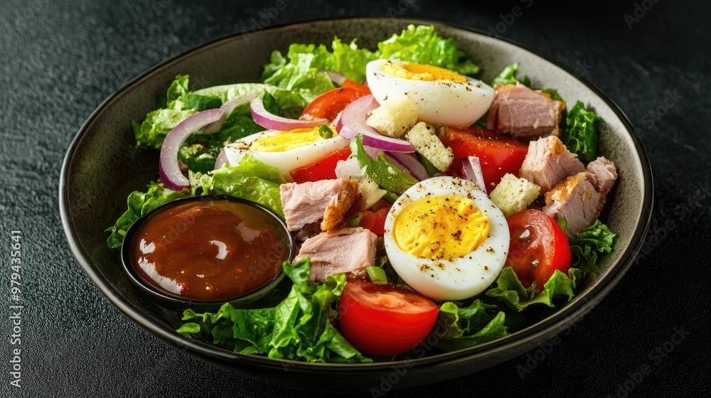 Boiled egg and tuna salad with crisp cos lettuce, tomatoes, onions, and croutons, served in a bowl with a side of dipping sauce, beautifully presented on a black background. Boiled egg and tuna salad with crisp cos lettuce, tomatoes, onions, and croutons, served in a bowl with a side of dipping sauce, beautifully presented on a black background.