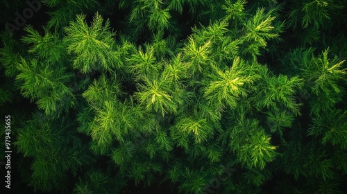 Aerial view of an asparagus sprengeri plant with cascading branches, filling the space with its dense green leaves, set against a soft, blurred backdrop for a serene atmosphere. photo