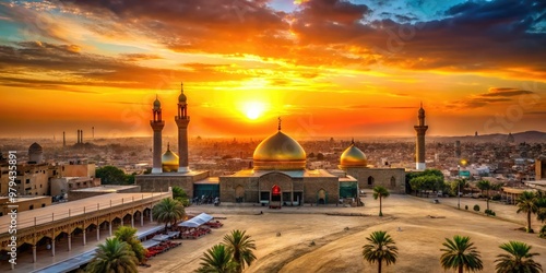 Karbala's vast desert landscape Imam Hussein Shrine's majestic dome sunset glory