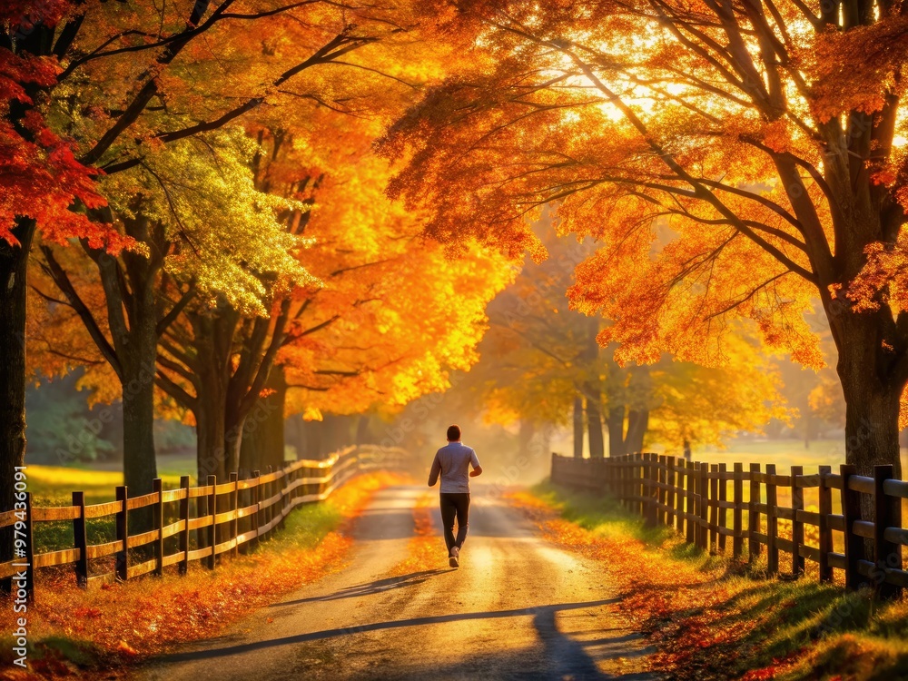 golden hour jogger silhouetted against fiery fall colors of maple trees on winding road with rustic wooden fence and soft focus background golden hour jogger silhouetted against fiery fall colors of maple trees on winding road with rustic wooden fence and soft focus background