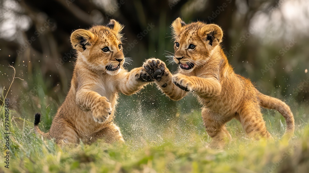 Two baby lions playing in the grass Two baby lions playing in the grass