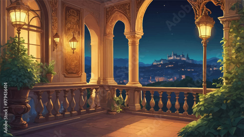 High Balcony Overlooking Grand Kingdom with Royal Banners, Citylights, and Warm Lamp in Cartoon Style