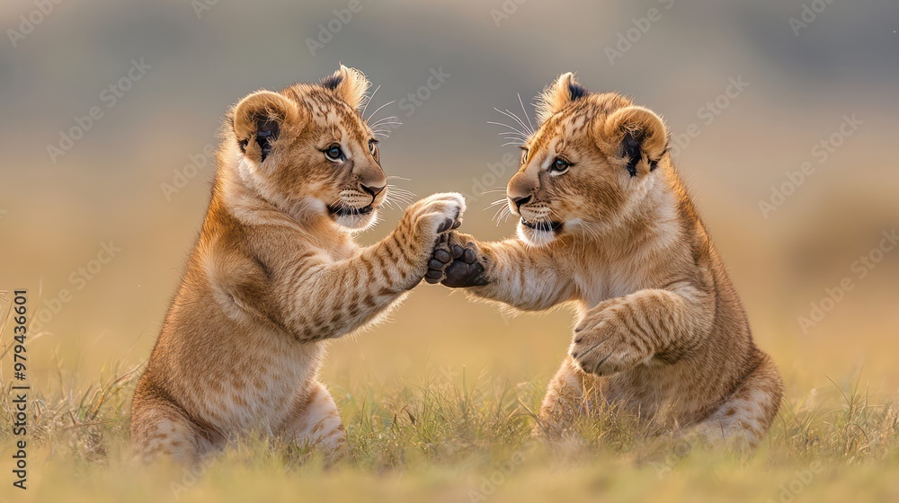 Two baby lions are playing in the grass Two baby lions are playing in the grass