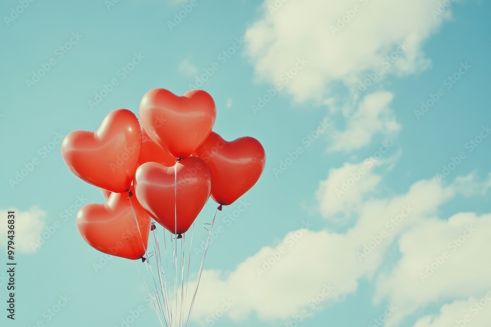 Fototapeta premium A cluster of crimson balloons resembling hearts ascending into the air, heart-shaped balloons floating across the heavens