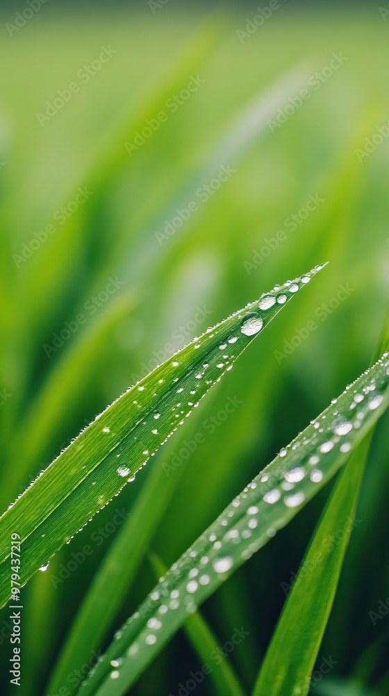 Close-up of fresh green grass blades with dew drops, showcasing nature's beauty and tranquility after rain. Close-up of fresh green grass blades with dew drops, showcasing nature's beauty and tranquility after rain.