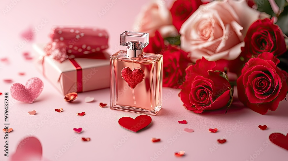 Close-up of a Valentine's themed display with a perfume bottle, wrapped gift, red heart, and roses, set against a delicate pink background Close-up of a Valentine's themed display with a perfume bottle, wrapped gift, red heart, and roses, set against a delicate pink background