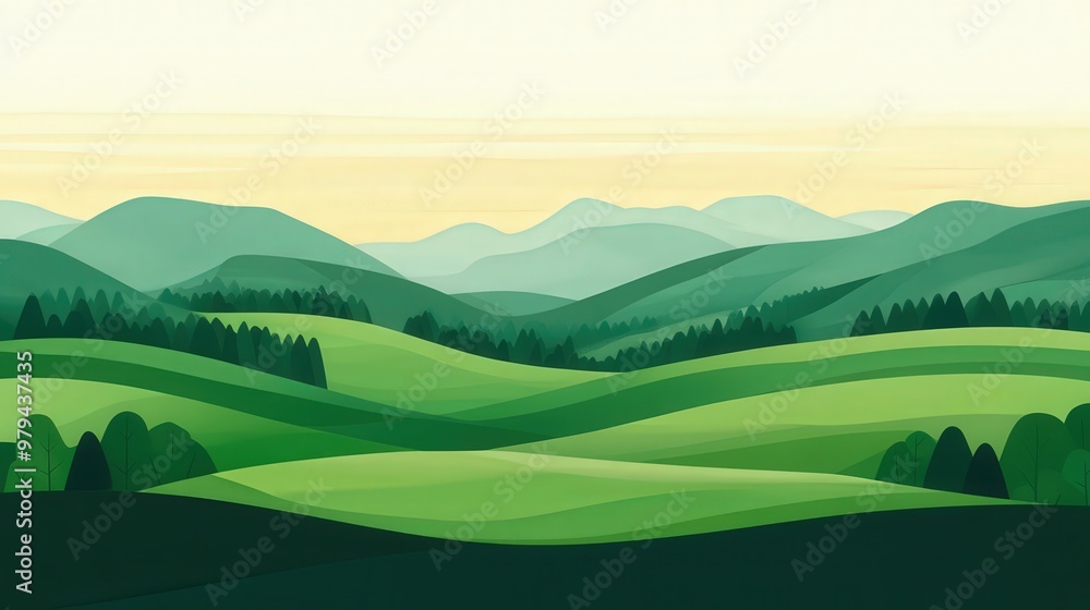Fototapeta premium Serene Green Hills, a vibrant illustration of lush, rolling countryside, depicting gentle slopes and a tranquil landscape in a flat design style, perfect for evoking a peaceful ambiance.