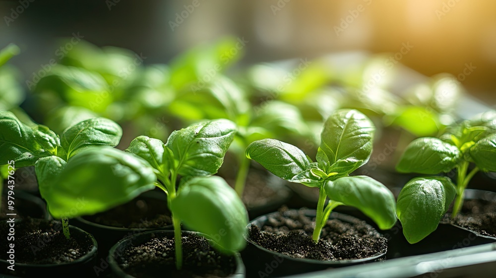Close-up view of tiny basil plants in a seed tray, with vibrant green leaves and moist soil, ready for planting in a home garden. Close-up view of tiny basil plants in a seed tray, with vibrant green leaves and moist soil, ready for planting in a home garden.