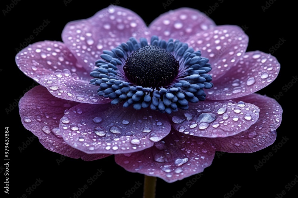 Close-up of a delicate purple flower with dew drops, capturing the intricate details of the petals and central stamen against a black background. Close-up of a delicate purple flower with dew drops, capturing the intricate details of the petals and central stamen against a black background.