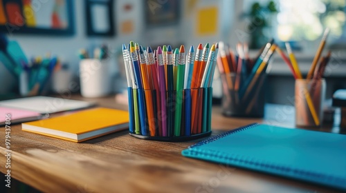 Detailed view of a workspace with colored pens arranged by color on a desk, alongside sketchpads and creative materials photo