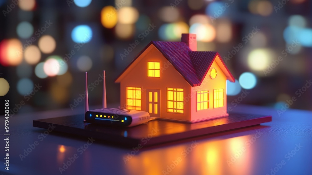 A cozy home wireless network scene in 3D, showcasing a router and house placed on a table, symbolizing modern connectivity. A cozy home wireless network scene in 3D, showcasing a router and house placed on a table, symbolizing modern connectivity.