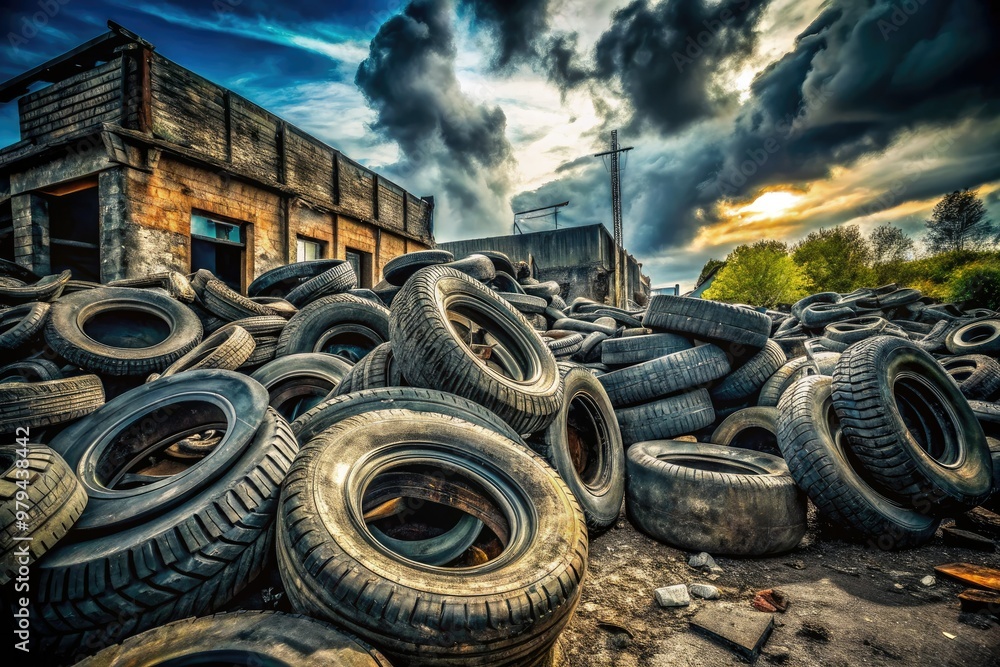 edgy high-contrast tire junkyard gritty realism industrial decay ...