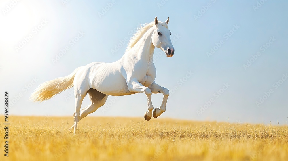 A white horse galloping freely across a sunny summer pasture with plenty of open space for it to run copy space image A white horse galloping freely across a sunny summer pasture with plenty of open space for it to run copy space image