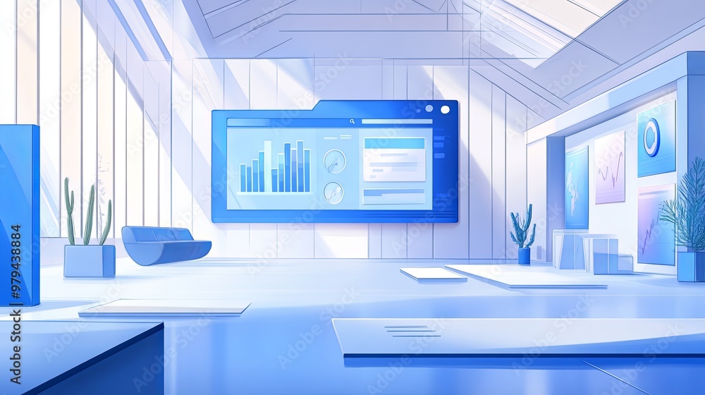 Fototapeta premium Modern office environment showcasing SEO tactics sketch with a digital screen illustrating search ranking improvements. Clean and minimalistic design