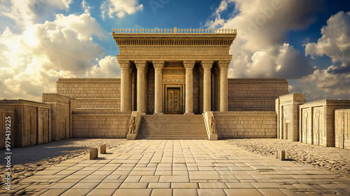 A majestic view of Solomon's Temple, built during the height of Solomon's power, as described in the Bible.