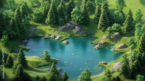 Fototapeta Naklejka Na Ścianę i Meble -  A detailed 3D isometric lake environment, with small ponds and trees, showcasing natural beauty.