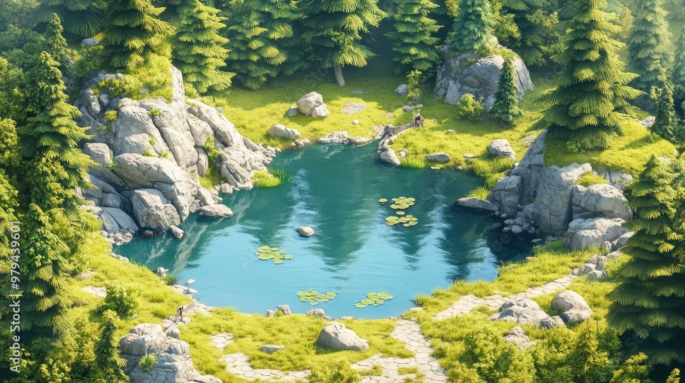 A detailed 3D isometric lake environment, with small ponds and trees, showcasing natural beauty. A detailed 3D isometric lake environment, with small ponds and trees, showcasing natural beauty.