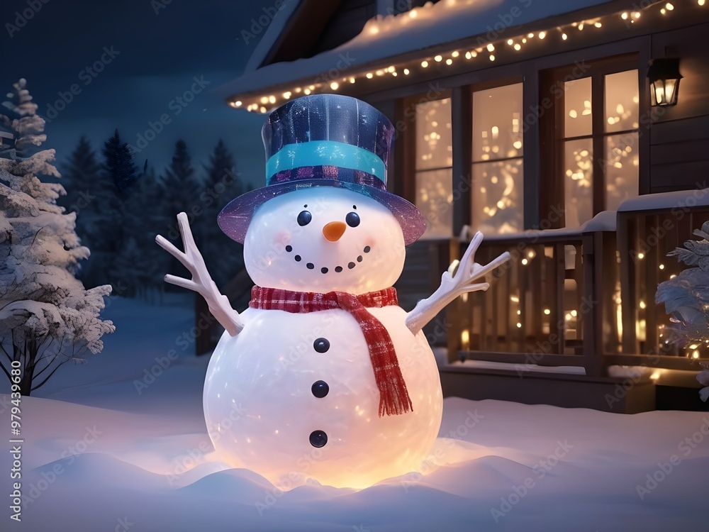 Obraz premium Snowman decoration celebrates winter with glowing lights generated AI