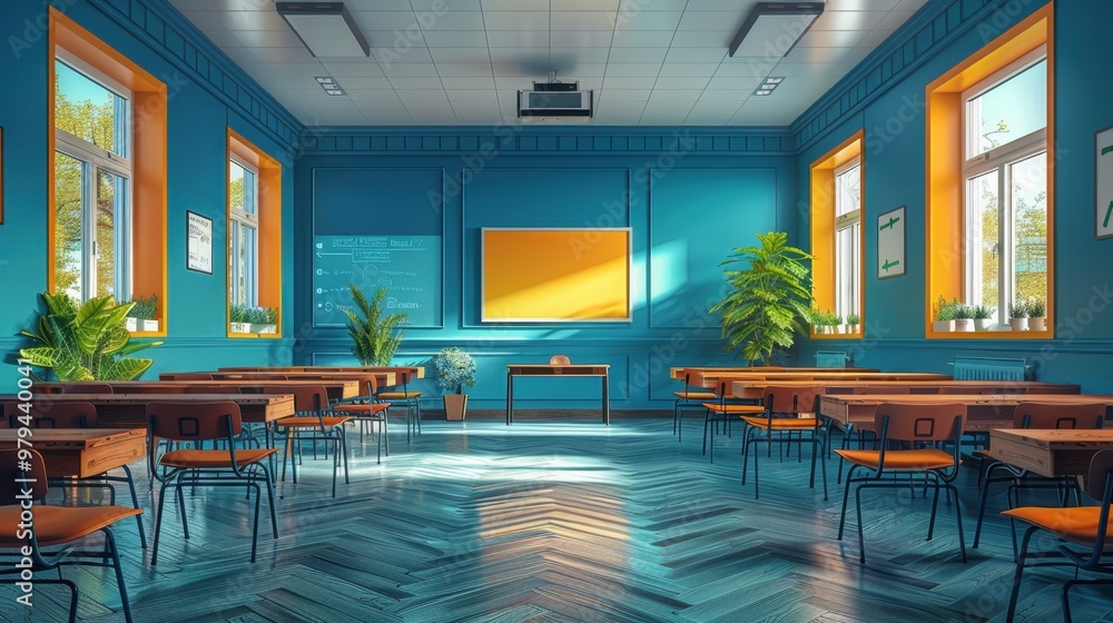 Bright and modern classroom with colorful walls, wooden desks, and large windows, perfect for education and learning environment concepts. Bright and modern classroom with colorful walls, wooden desks, and large windows, perfect for education and learning environment concepts.