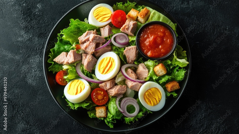 Healthy cos lettuce salad with boiled eggs, tuna, onions, tomatoes, and croutons, arranged in a bowl with dipping sauce on a black background, perfect for a clean food theme. Healthy cos lettuce salad with boiled eggs, tuna, onions, tomatoes, and croutons, arranged in a bowl with dipping sauce on a black background, perfect for a clean food theme.