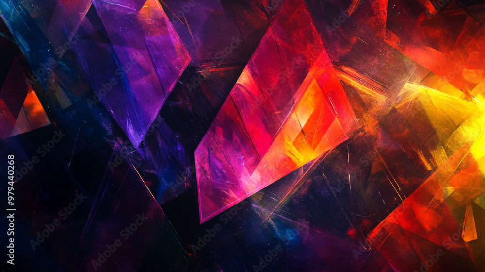 Abstract prisms reflect intense, vivid colors from red to violet, scattered across a dark, moody background with sharp, crisp light effects. Abstract prisms reflect intense, vivid colors from red to violet, scattered across a dark, moody background with sharp, crisp light effects.