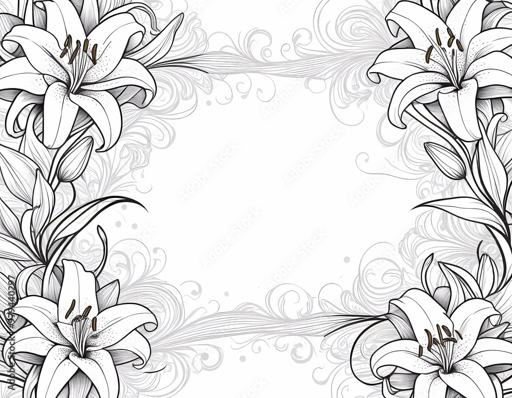 This intricate design showcases beautiful lilies surrounded by flowing lines and decorative elements, providing an elegant border suitable for various artistic uses. Generative AI This intricate design showcases beautiful lilies surrounded by flowing lines and decorative elements, providing an elegant border suitable for various artistic uses. Generative AI