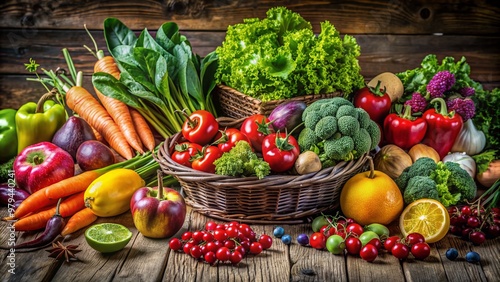 Fresh organic produce including vibrant fruits and leafy greens arranged artfully on a rustic wooden table, symbolizing nutritious and wholesome eating habits. photo