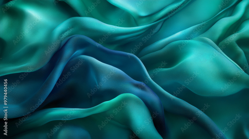 Abstract waves of silk in gradient shades of emerald green and sapphire blue, with soft shadows and highlights forming dynamic folds. Abstract waves of silk in gradient shades of emerald green and sapphire blue, with soft shadows and highlights forming dynamic folds.