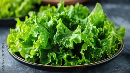 Healthy salad with fresh green lettuce leaves on a plate, ready to enjoy. The vibrant greens and natural ingredients make for a visually appealing and nutritious dish.