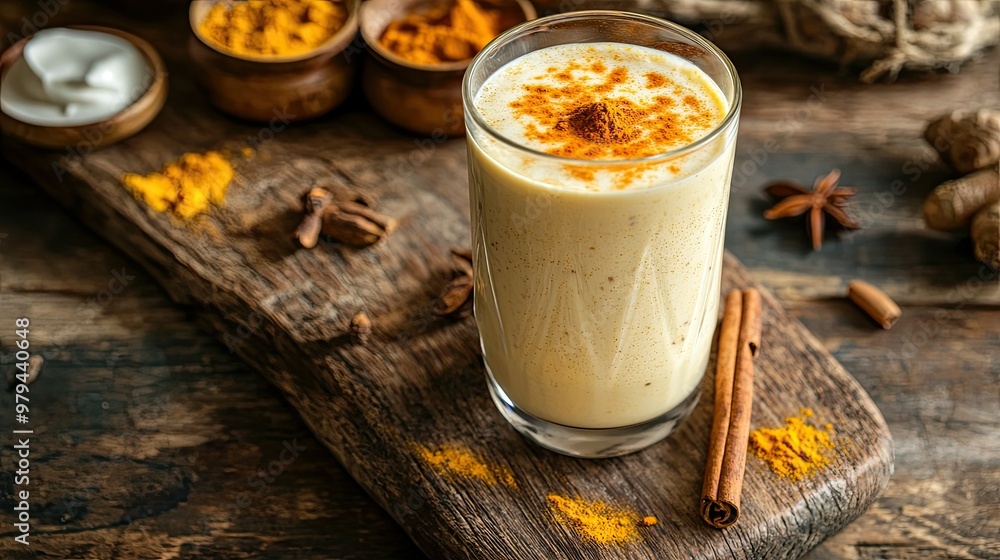 Healthy turmeric lassi in a glass, garnished with a dash of cinnamon and turmeric, on a rustic wooden board, ingredients like yogurt and spices scattered around, fresh and nutritious Healthy turmeric lassi in a glass, garnished with a dash of cinnamon and turmeric, on a rustic wooden board, ingredients like yogurt and spices scattered around, fresh and nutritious