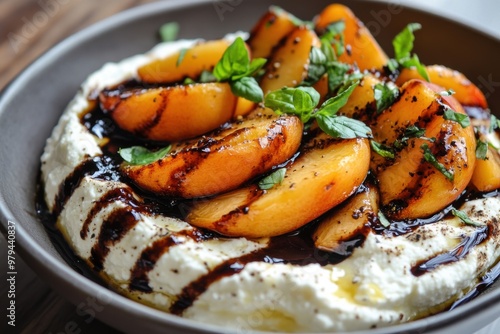 A plate of smooth ricotta adorned with warm, roasted peaches and pita triangles, finished with a drizzle of balsamic glaze and a dash of herbs photo